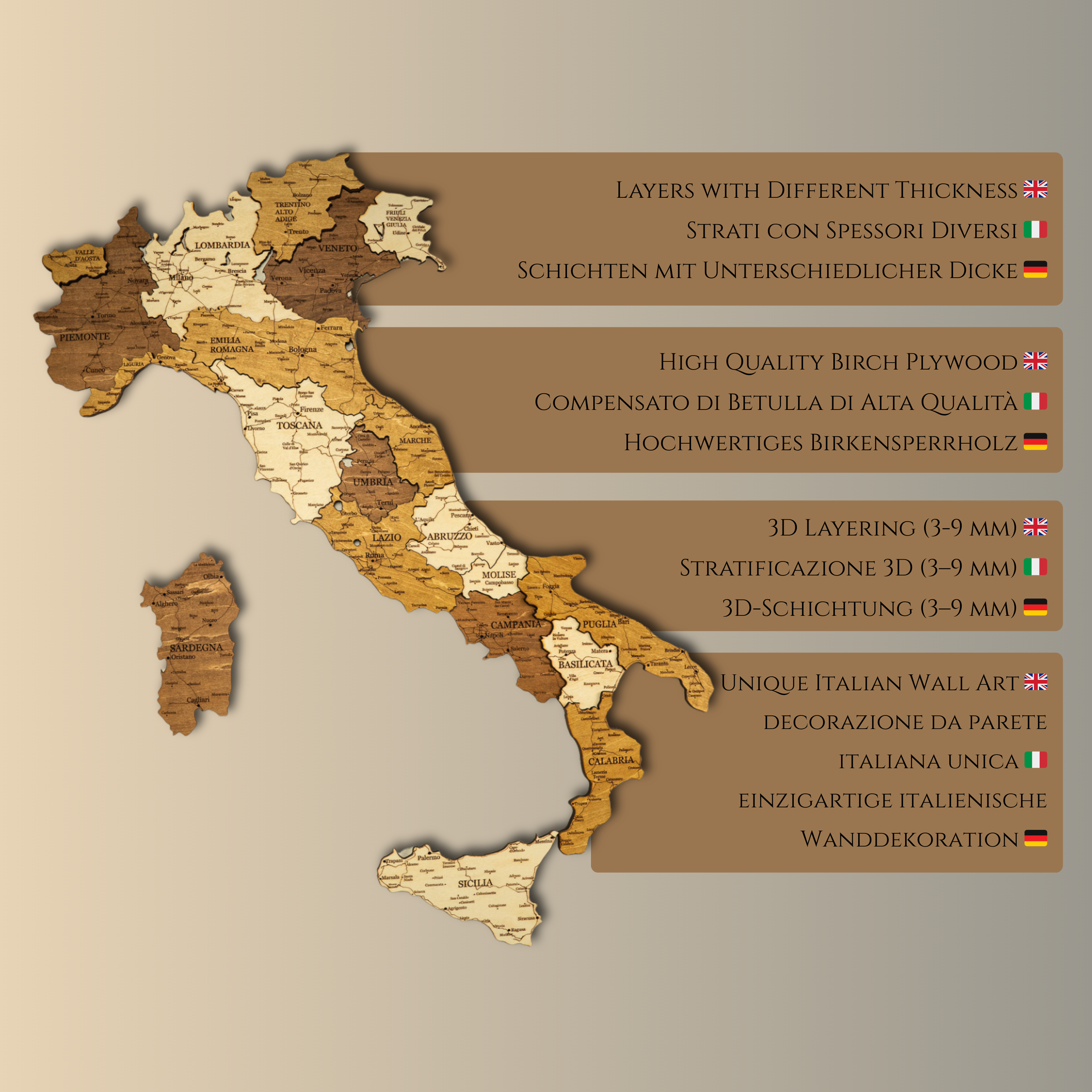 🇮🇹 Italy 3D Wooden Map