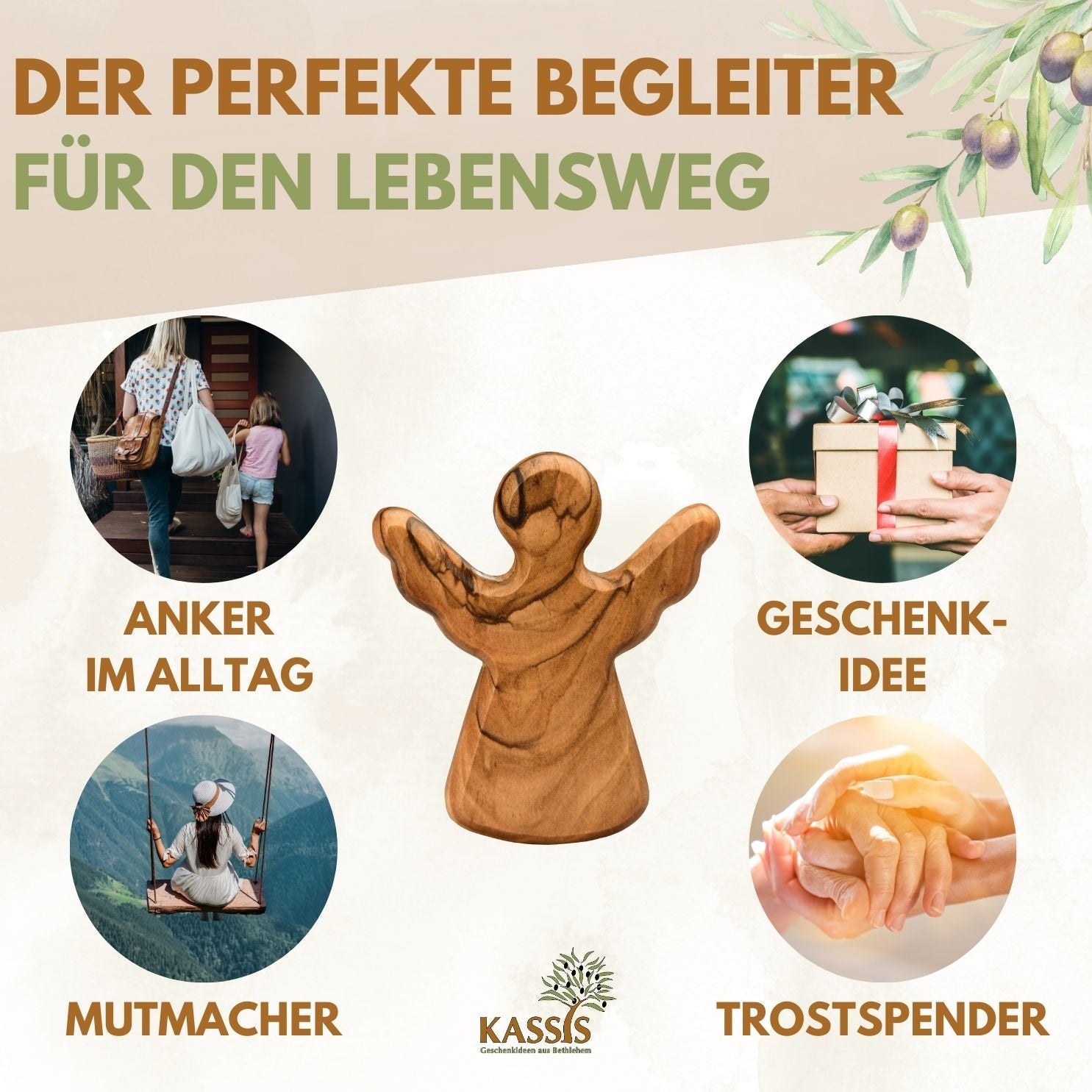 Schutzengel Handschmeichler Glücksbringer aus Olivenholz als Geschenk mit Spruch "Du schaffst das"