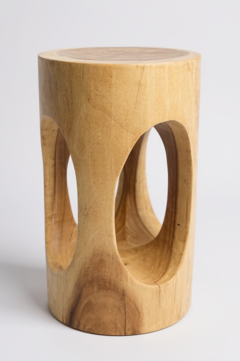 Holz Beistelltisch - Holzhocker Blumenhocker Hocker - Handgefertigt - Rund mit O-Ausschnitt Saman-Holz - 50x30x30 cm