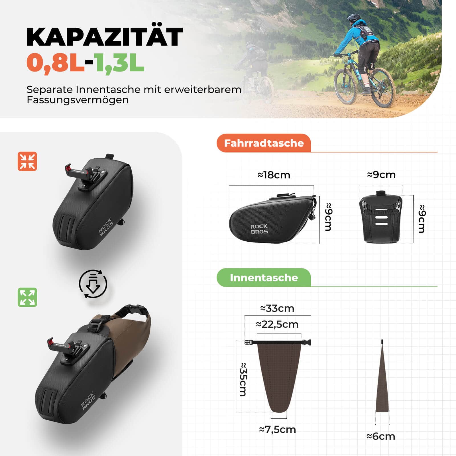 ROCKBROS Satteltasche Wasserdichte Fahrradtasche Erweiterbar mit Innentasche